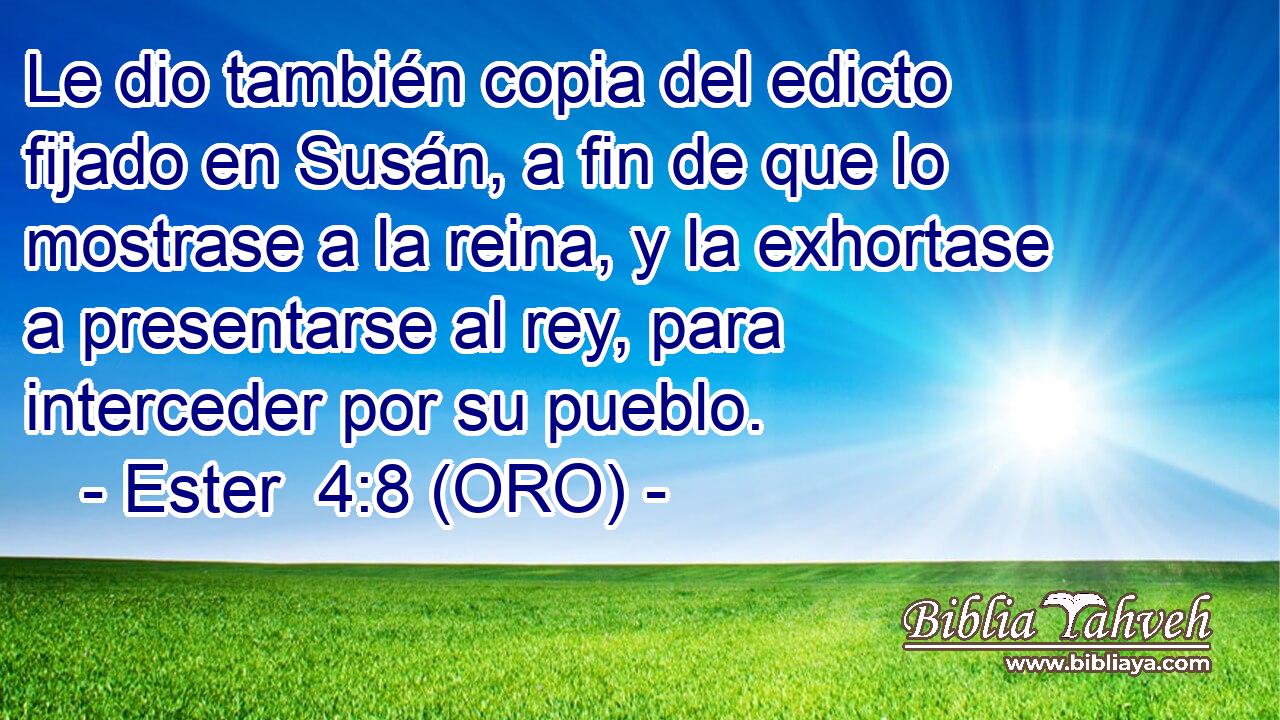  Le dio también copia del edicto fijado en Susán, a fin de que lo mostrase a la reina, y la exhortase a presentarse al rey, para interceder por su pueblo. 