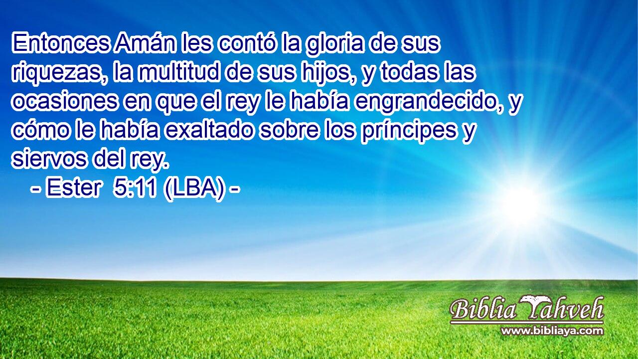 Entonces Amán les contó la gloria de sus riquezas, la multitud de sus hijos, y todas las ocasiones en que el rey le había engrandecido, y cómo le había exaltado sobre los príncipes y siervos del rey.