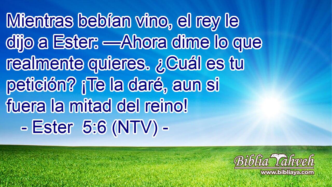 Mientras bebían vino, el rey le dijo a Ester: —Ahora dime lo que realmente quieres. ¿Cuál es tu petición? ¡Te la daré, aun si fuera la mitad del reino!