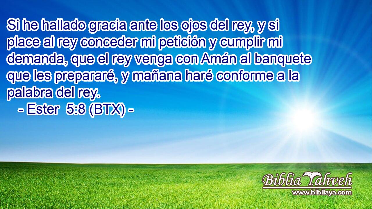 Si he hallado gracia ante los ojos del rey, y si place al rey conceder mi petición y cumplir mi demanda, que el rey venga con Amán al banquete que les prepararé, y mañana haré conforme a la palabra del rey.