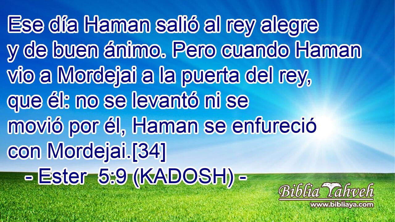  Ese día Haman salió al rey alegre y de buen ánimo. Pero cuando Haman vio a Mordejai a la puerta del rey, que él: no se levantó ni se movió por él, Haman se enfureció con Mordejai.[34] 