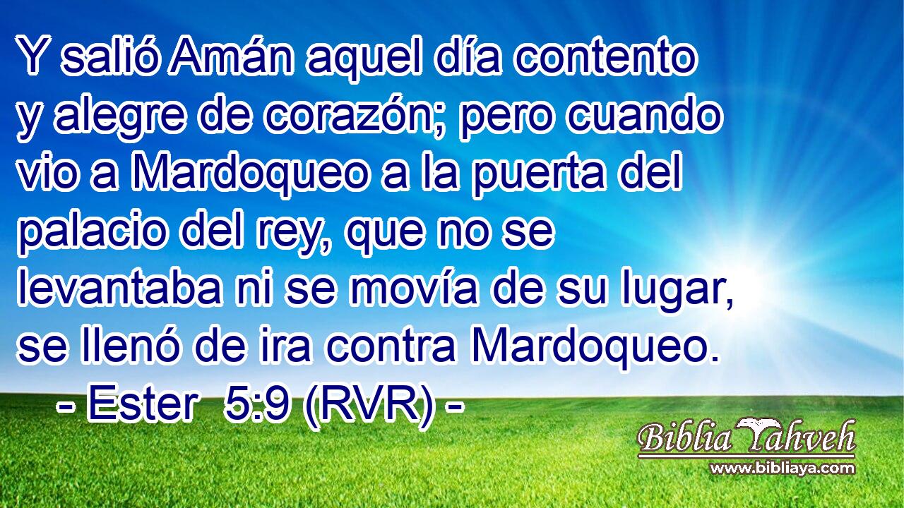 Y salió Amán aquel día contento y alegre de corazón; pero cuando vio a Mardoqueo a la puerta del palacio del rey, que no se levantaba ni se movía de su lugar, se llenó de ira contra Mardoqueo.