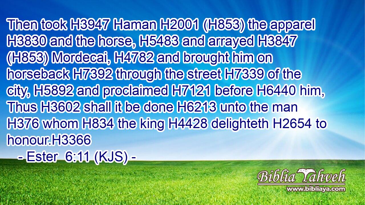Then took H3947 Haman H2001 (H853) the apparel H3830 and the horse, H5483 and arrayed H3847 (H853) Mordecai, H4782 and brought him on horseback H7392 through the street H7339 of the city, H5892 and proclaimed H7121 before H6440 him, Thus H3602 shall it be done H6213 unto the man H376 whom H834 the king H4428 delighteth H2654 to honour.H3366