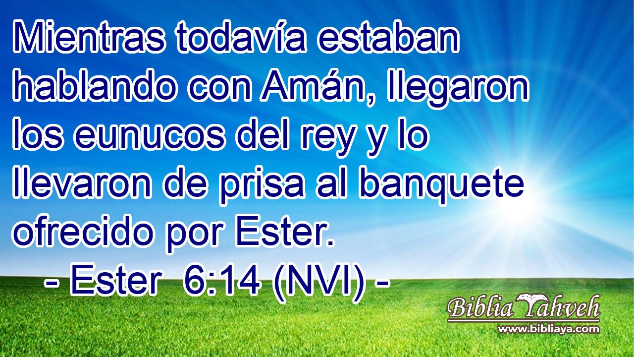  Mientras todavía estaban hablando con Amán, llegaron los eunucos del rey y lo llevaron de prisa al banquete ofrecido por Ester. 