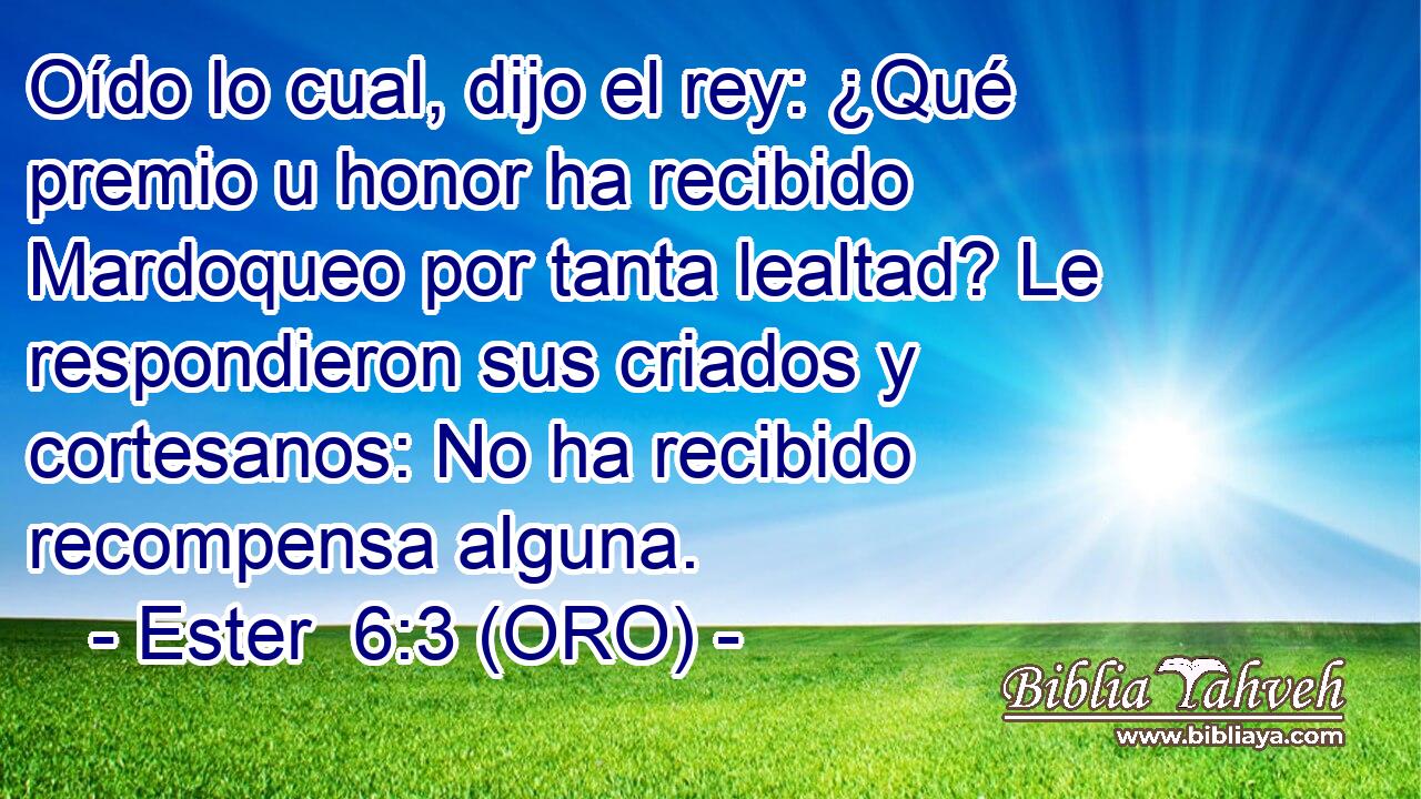  Oído lo cual, dijo el rey: ¿Qué premio u honor ha recibido Mardoqueo por tanta lealtad? Le respondieron sus criados y cortesanos: No ha recibido recompensa alguna. 