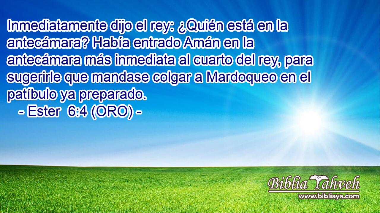  Inmediatamente dijo el rey: ¿Quién está en la antecámara? Había entrado Amán en la antecámara más inmediata al cuarto del rey, para sugerirle que mandase colgar a Mardoqueo en el patíbulo ya preparado. 