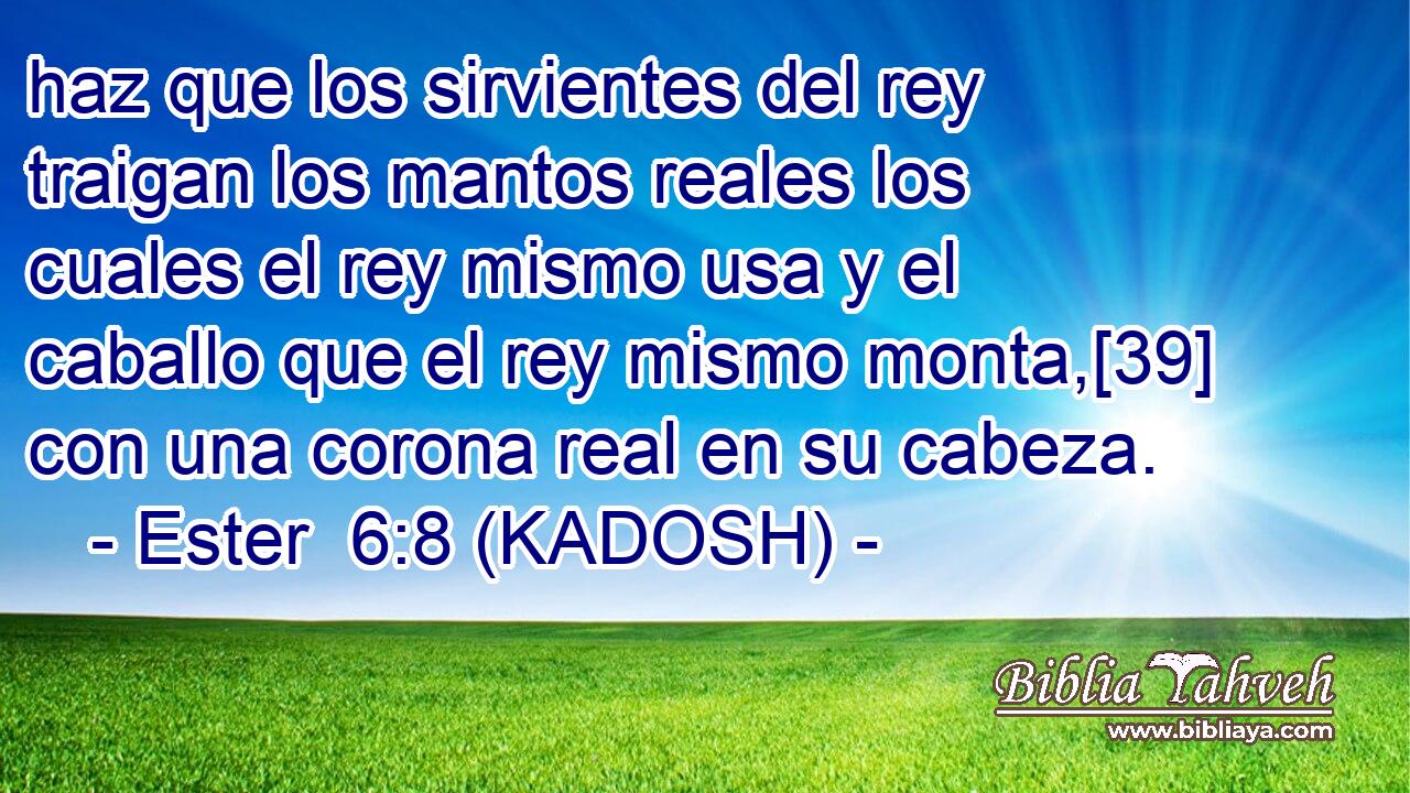  haz que los sirvientes del rey traigan los mantos reales los cuales el rey mismo usa y el caballo que el rey mismo monta,[39] con una corona real en su cabeza. 