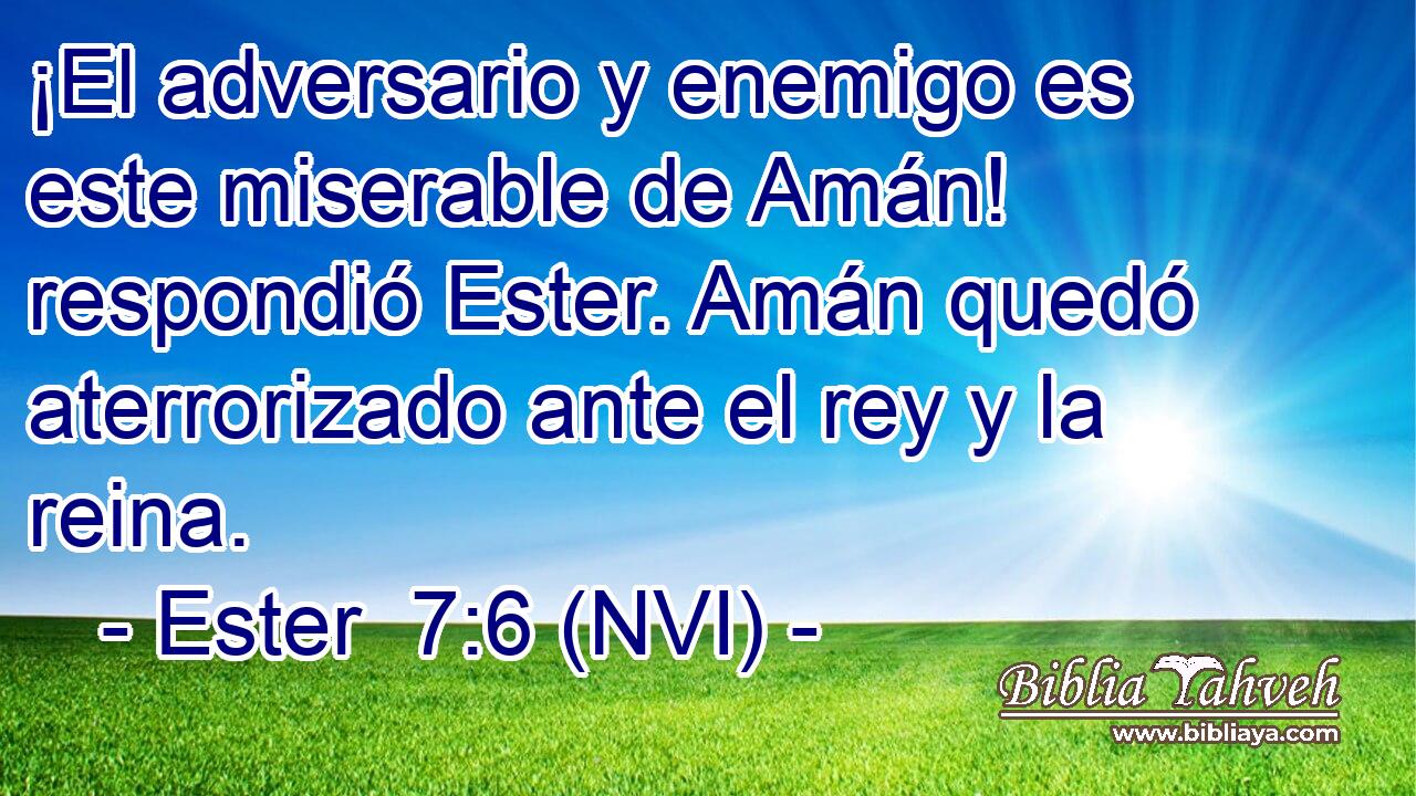  ¡El adversario y enemigo es este miserable de Amán! respondió Ester. Amán quedó aterrorizado ante el rey y la reina. 