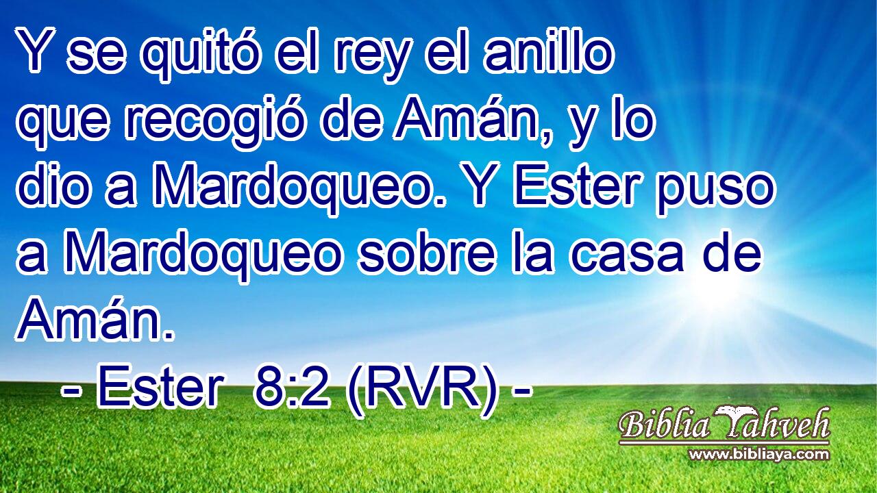 Y se quitó el rey el anillo que recogió de Amán, y lo dio a Mardoqueo. Y Ester puso a Mardoqueo sobre la casa de Amán.