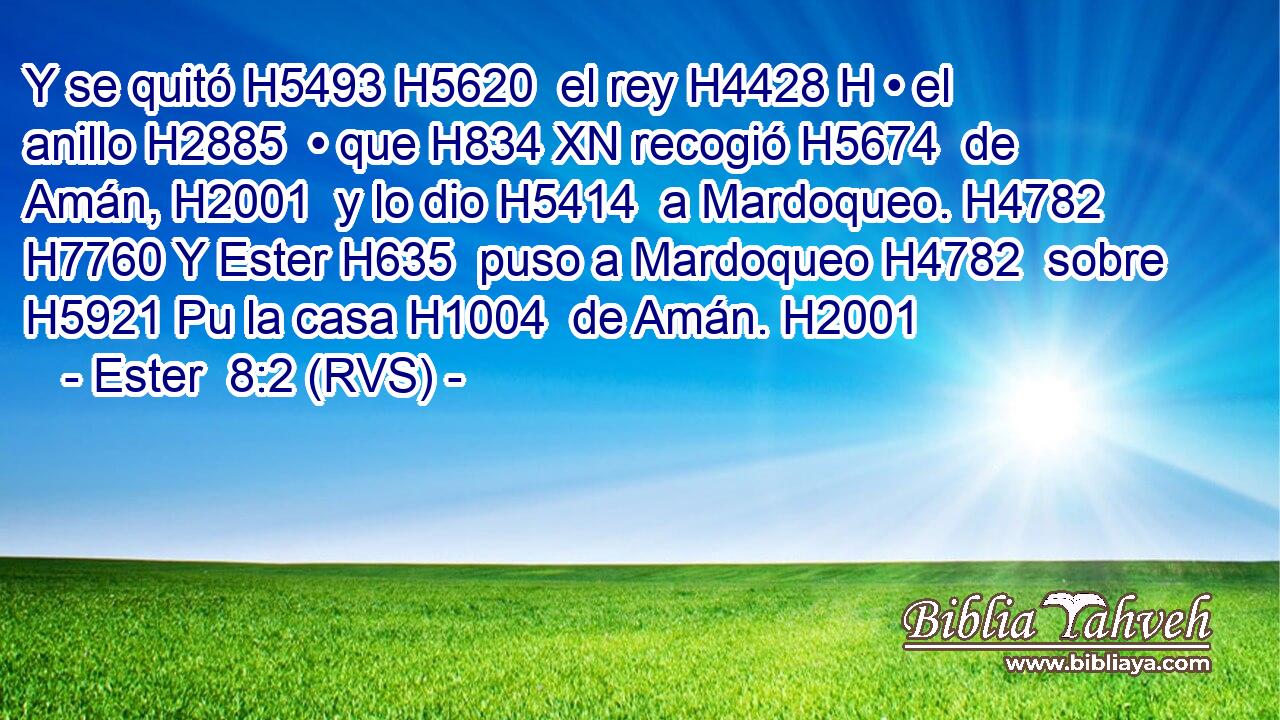 Y se quitó H5493 H5620  el rey H4428 H • el anillo H2885  • que H834 XN recogió H5674  de Amán, H2001  y lo dio H5414  a Mardoqueo. H4782  H7760 Y Ester H635  puso a Mardoqueo H4782  sobre H5921 Pu la casa H1004  de Amán. H2001  