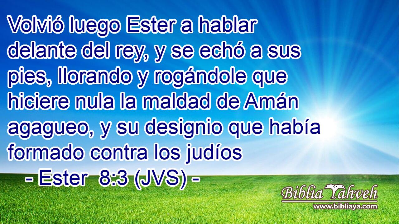 Volvió luego Ester a hablar delante del rey, y se echó a sus pies, llorando y rogándole que hiciere nula la maldad de Amán agagueo, y su designio que había formado contra los judíos