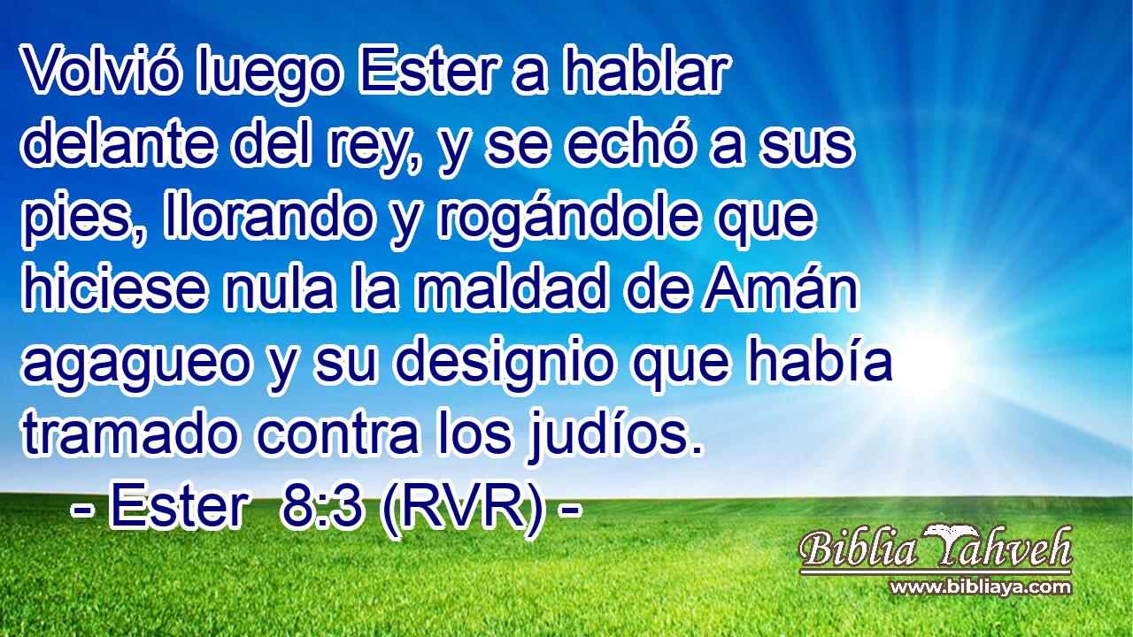 Volvió luego Ester a hablar delante del rey, y se echó a sus pies, llorando y rogándole que hiciese nula la maldad de Amán agagueo y su designio que había tramado contra los judíos.
