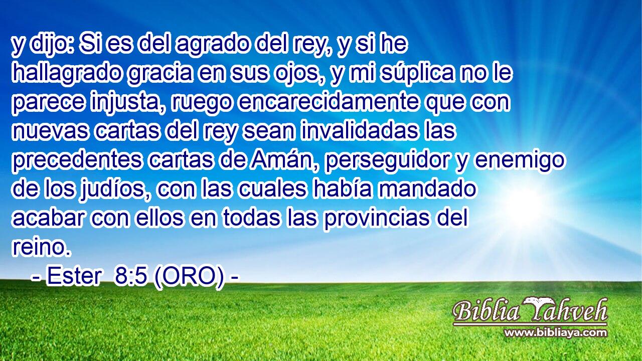  y dijo: Si es del agrado del rey, y si he hallagrado gracia en sus ojos, y mi súplica no le parece injusta, ruego encarecidamente que con nuevas cartas del rey sean invalidadas las precedentes cartas de Amán, perseguidor y enemigo de los judíos, con las cuales había mandado acabar con ellos en todas las provincias del reino. 
