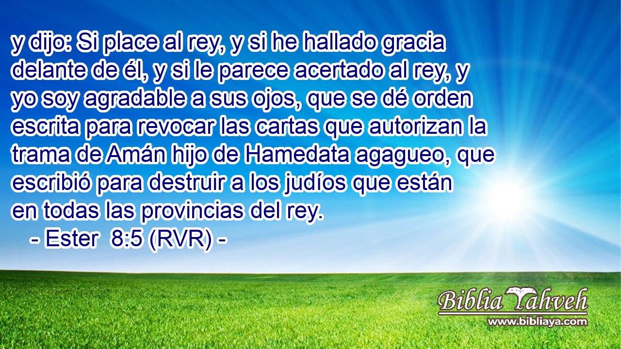 y dijo: Si place al rey, y si he hallado gracia delante de él, y si le parece acertado al rey, y yo soy agradable a sus ojos, que se dé orden escrita para revocar las cartas que autorizan la trama de Amán hijo de Hamedata agagueo, que escribió para destruir a los judíos que están en todas las provincias del rey.