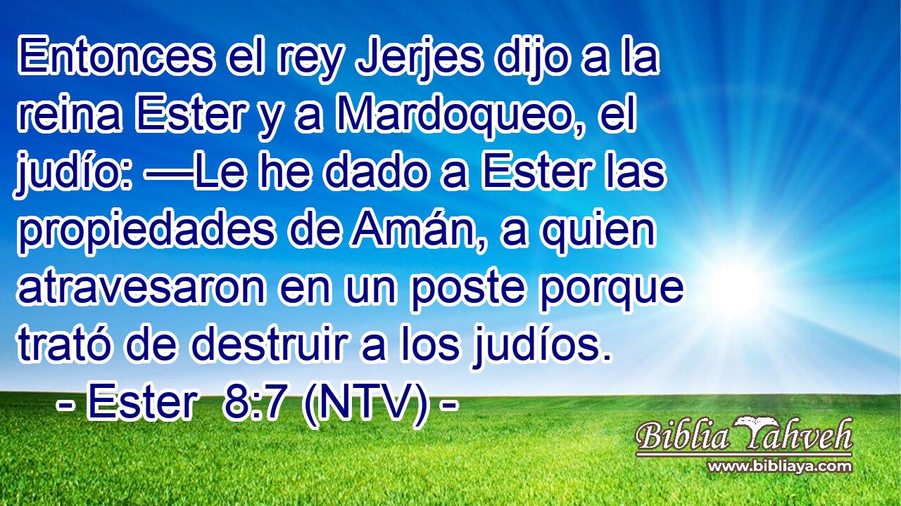 Entonces el rey Jerjes dijo a la reina Ester y a Mardoqueo, el judío: —Le he dado a Ester las propiedades de Amán, a quien atravesaron en un poste porque trató de destruir a los judíos.