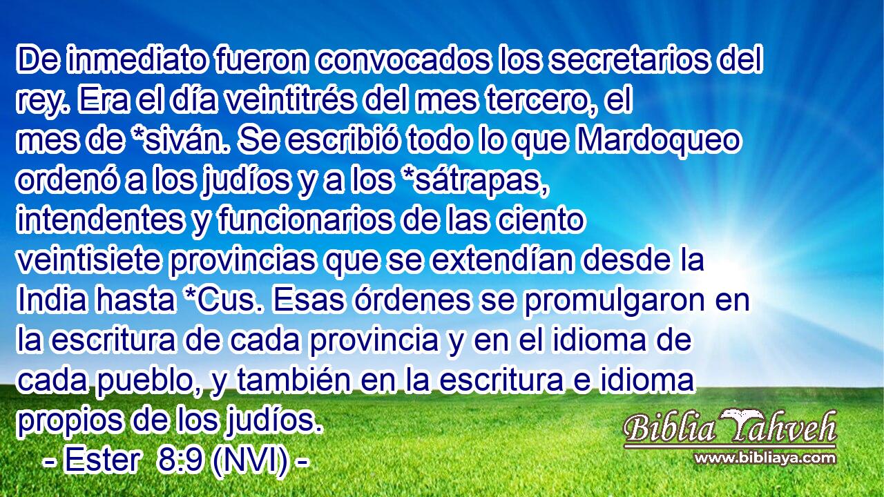  De inmediato fueron convocados los secretarios del rey. Era el día veintitrés del mes tercero, el mes de *siván. Se escribió todo lo que Mardoqueo ordenó a los judíos y a los *sátrapas, intendentes y funcionarios de las ciento veintisiete provincias que se extendían desde la India hasta *Cus. Esas órdenes se promulgaron en la escritura de cada provincia y en el idioma de cada pueblo, y también en la escritura e idioma propios de los judíos. 