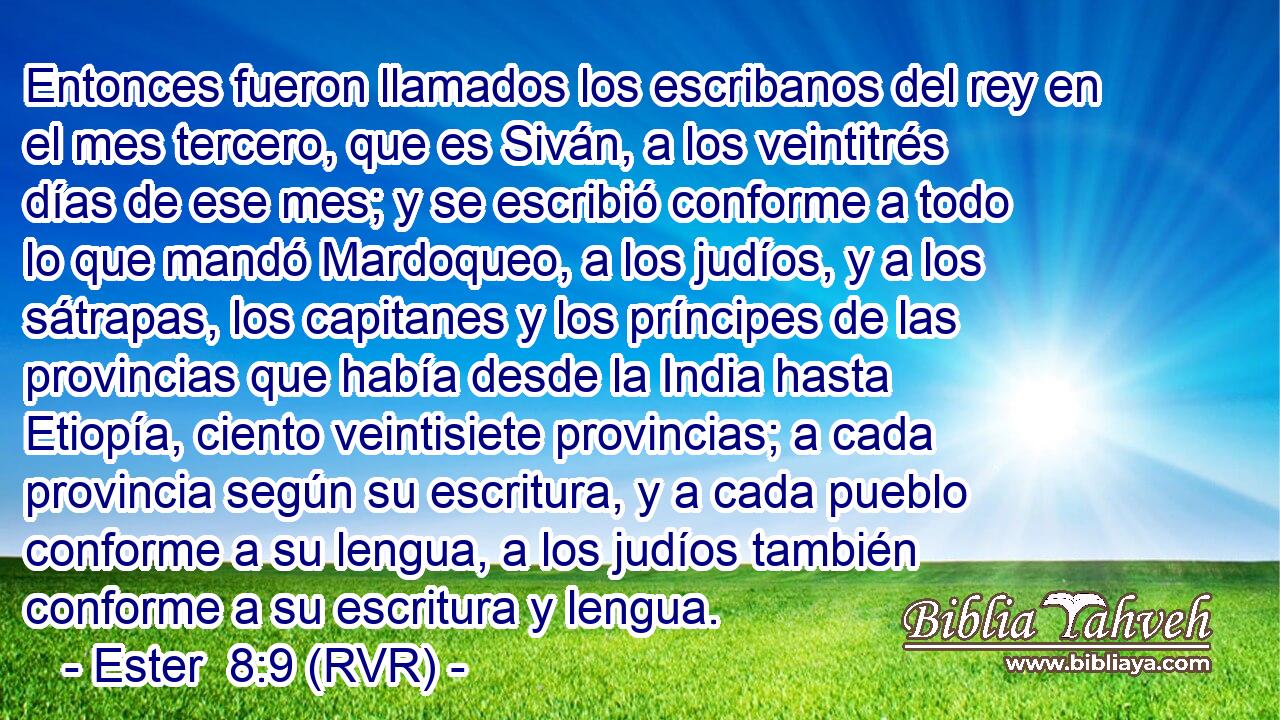 Entonces fueron llamados los escribanos del rey en el mes tercero, que es Siván, a los veintitrés días de ese mes; y se escribió conforme a todo lo que mandó Mardoqueo, a los judíos, y a los sátrapas, los capitanes y los príncipes de las provincias que había desde la India hasta Etiopía, ciento veintisiete provincias; a cada provincia según su escritura, y a cada pueblo conforme a su lengua, a los judíos también conforme a su escritura y lengua.