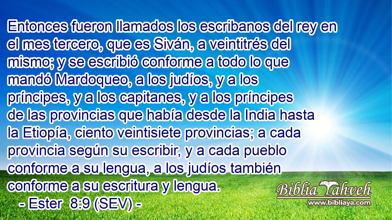 Entonces fueron llamados los escribanos del rey en el mes tercero, que es Siván, a veintitrés del mismo; y se escribió conforme a todo lo que mandó Mardoqueo, a los judíos, y a los príncipes, y a los capitanes, y a los príncipes de las provincias que había desde la India hasta la Etiopía, ciento veintisiete provincias; a cada provincia según su escribir, y a cada pueblo conforme a su lengua, a los judíos también conforme a su escritura y lengua.