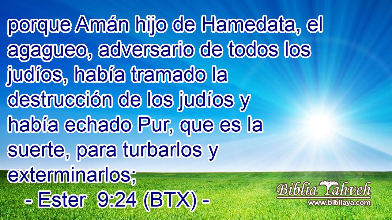 porque Amán hijo de Hamedata, el agagueo, adversario de todos los judíos, había tramado la destrucción de los judíos y había echado Pur, que es la suerte, para turbarlos y exterminarlos;