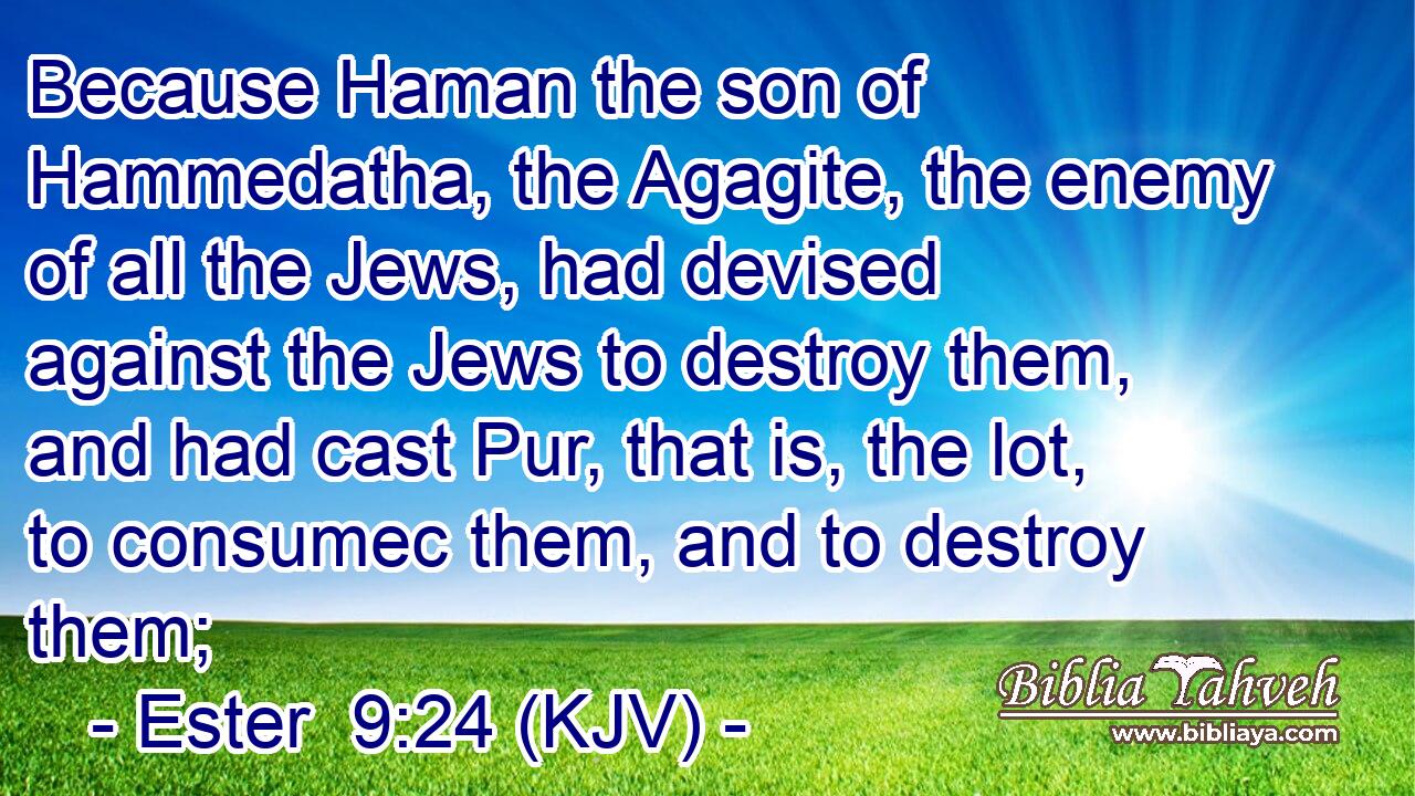 Because Haman the son of Hammedatha, the Agagite, the enemy of all the Jews, had devised against the Jews to destroy them, and had cast Pur, that is, the lot, to consumec them, and to destroy them;
