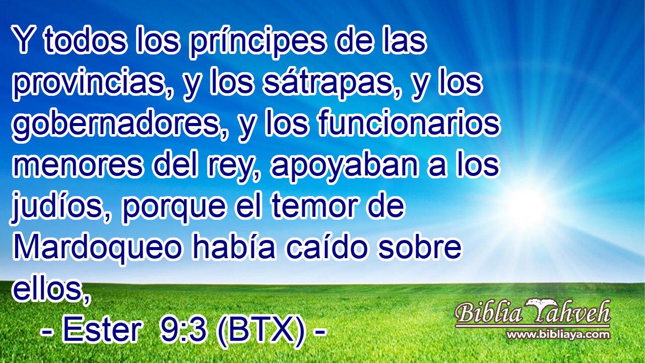 Y todos los príncipes de las provincias, y los sátrapas, y los gobernadores, y los funcionarios menores del rey, apoyaban a los judíos, porque el temor de Mardoqueo había caído sobre ellos,