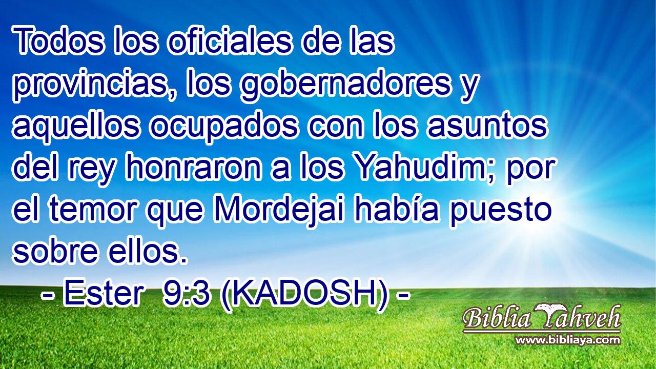  Todos los oficiales de las provincias, los gobernadores y aquellos ocupados con los asuntos del rey honraron a los Yahudim; por el temor que Mordejai había puesto sobre ellos. 