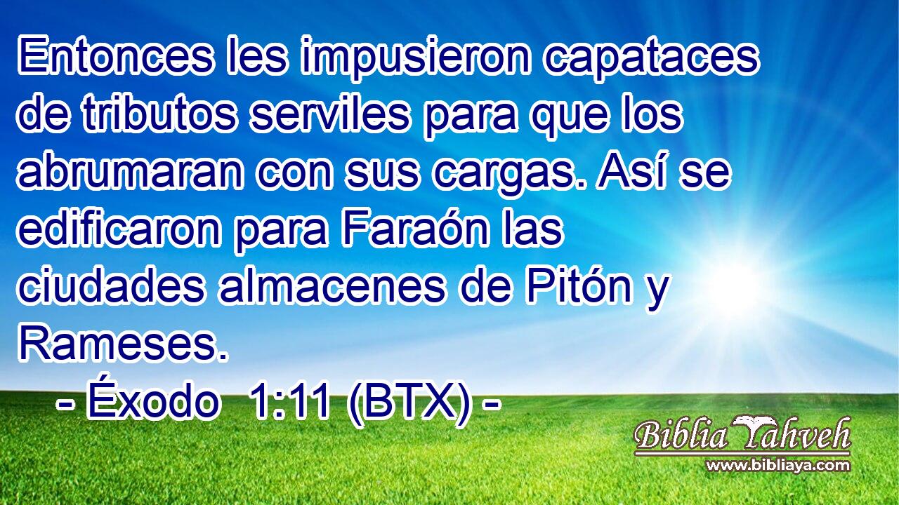 Entonces les impusieron capataces de tributos serviles para que los abrumaran con sus cargas. Así se edificaron para Faraón las ciudades almacenes de Pitón y Rameses.