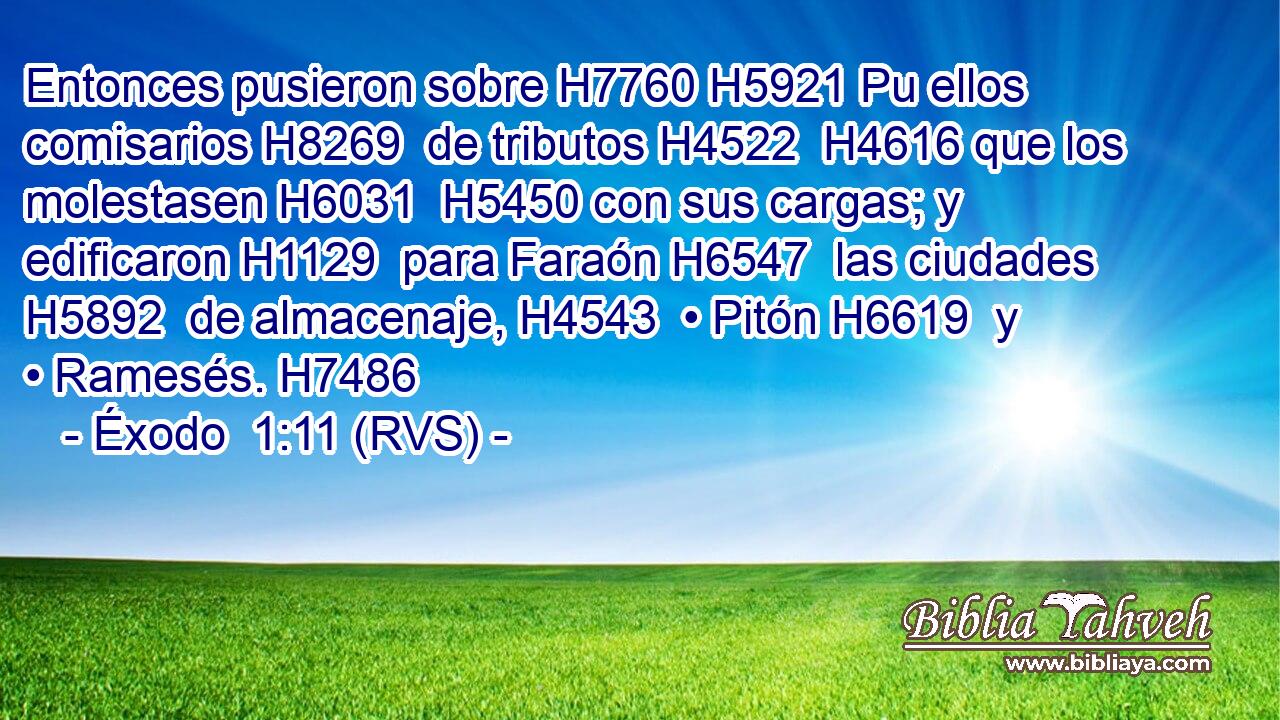 Entonces pusieron sobre H7760 H5921 Pu ellos comisarios H8269  de tributos H4522  H4616 que los molestasen H6031  H5450 con sus cargas; y edificaron H1129  para Faraón H6547  las ciudades H5892  de almacenaje, H4543  • Pitón H6619  y • Ramesés. H7486  