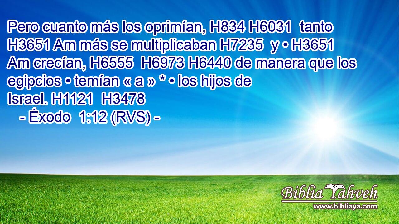 Pero cuanto más los oprimían, H834 H6031  tanto H3651 Am más se multiplicaban H7235  y • H3651 Am crecían, H6555  H6973 H6440 de manera que los egipcios • temían « a » * • los hijos de Israel. H1121  H3478 