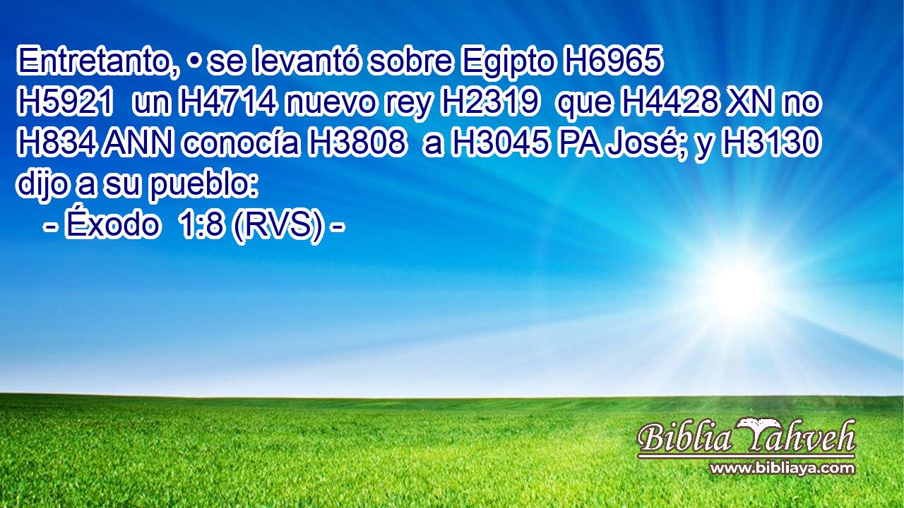 Entretanto, • se levantó sobre Egipto H6965 H5921  un H4714 nuevo rey H2319  que H4428 XN no H834 ANN conocía H3808  a H3045 PA José; y H3130 dijo a su pueblo: 