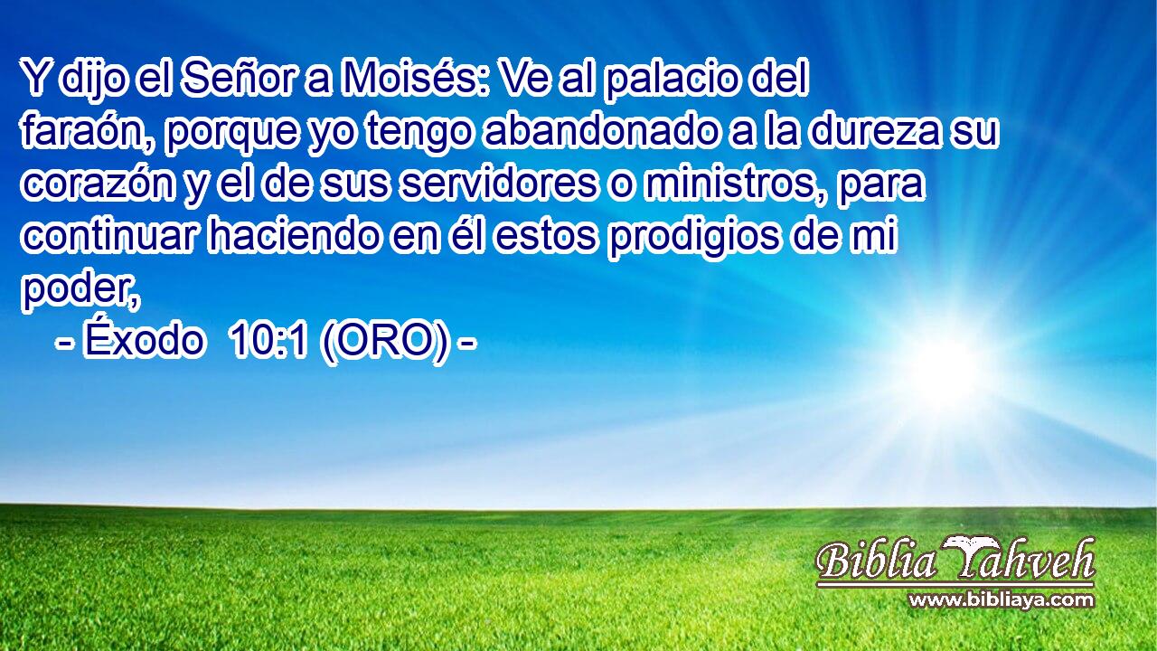  Y dijo el Señor a Moisés: Ve al palacio del faraón, porque yo tengo abandonado a la dureza su corazón y el de sus servidores o ministros, para continuar haciendo en él estos prodigios de mi poder, 