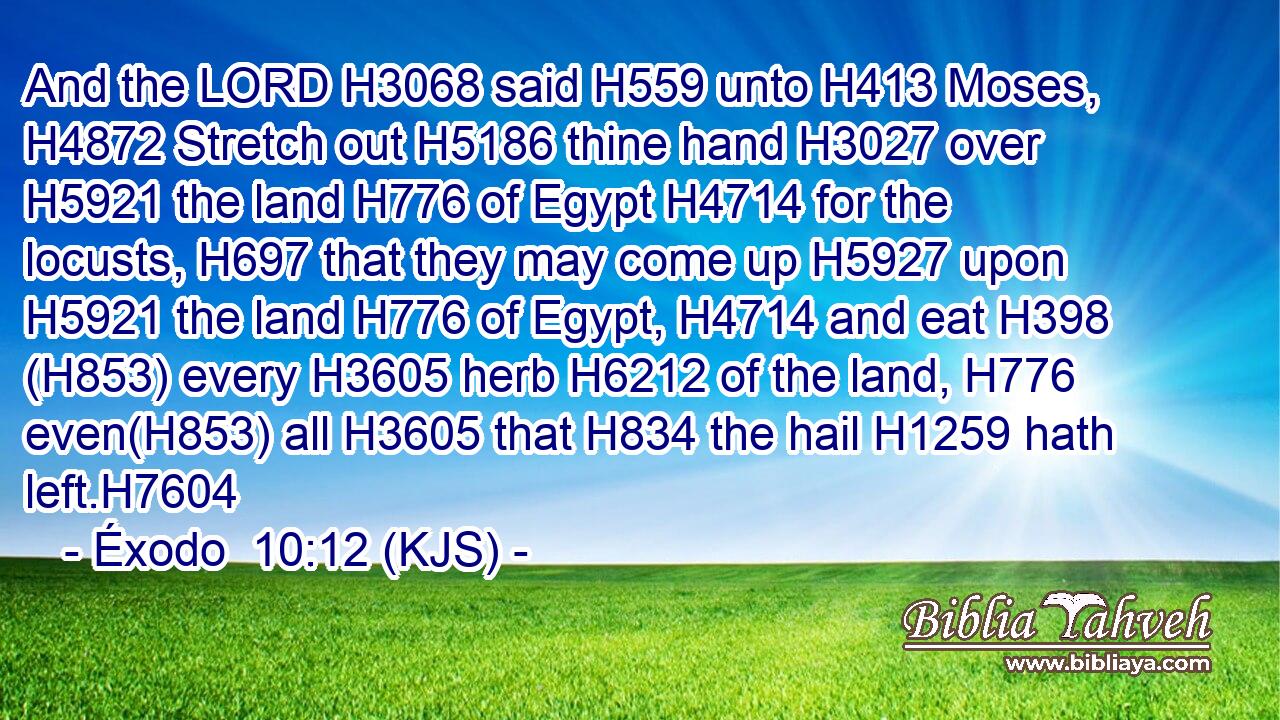 And the LORD H3068 said H559 unto H413 Moses, H4872 Stretch out H5186 thine hand H3027 over H5921 the land H776 of Egypt H4714 for the locusts, H697 that they may come up H5927 upon H5921 the land H776 of Egypt, H4714 and eat H398 (H853) every H3605 herb H6212 of the land, H776 even(H853) all H3605 that H834 the hail H1259 hath left.H7604