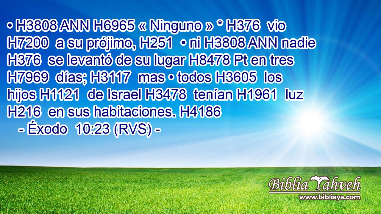 • H3808 ANN H6965 « Ninguno » * H376  vio H7200  a su prójimo, H251  • ni H3808 ANN nadie H376  se levantó de su lugar H8478 Pt en tres H7969  días; H3117  mas • todos H3605  los hijos H1121  de Israel H3478  tenían H1961  luz H216  en sus habitaciones. H4186  