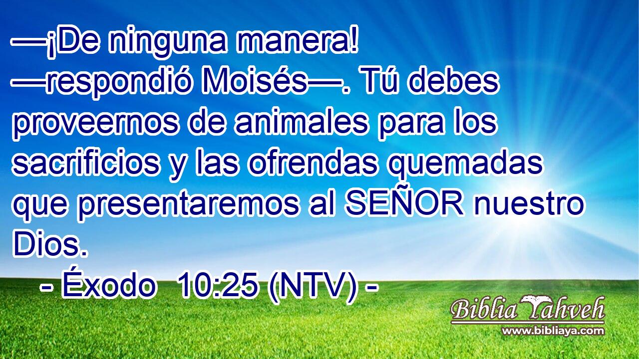 —¡De ninguna manera! —respondió Moisés—. Tú debes proveernos de animales para los sacrificios y las ofrendas quemadas que presentaremos al SEÑOR nuestro Dios.