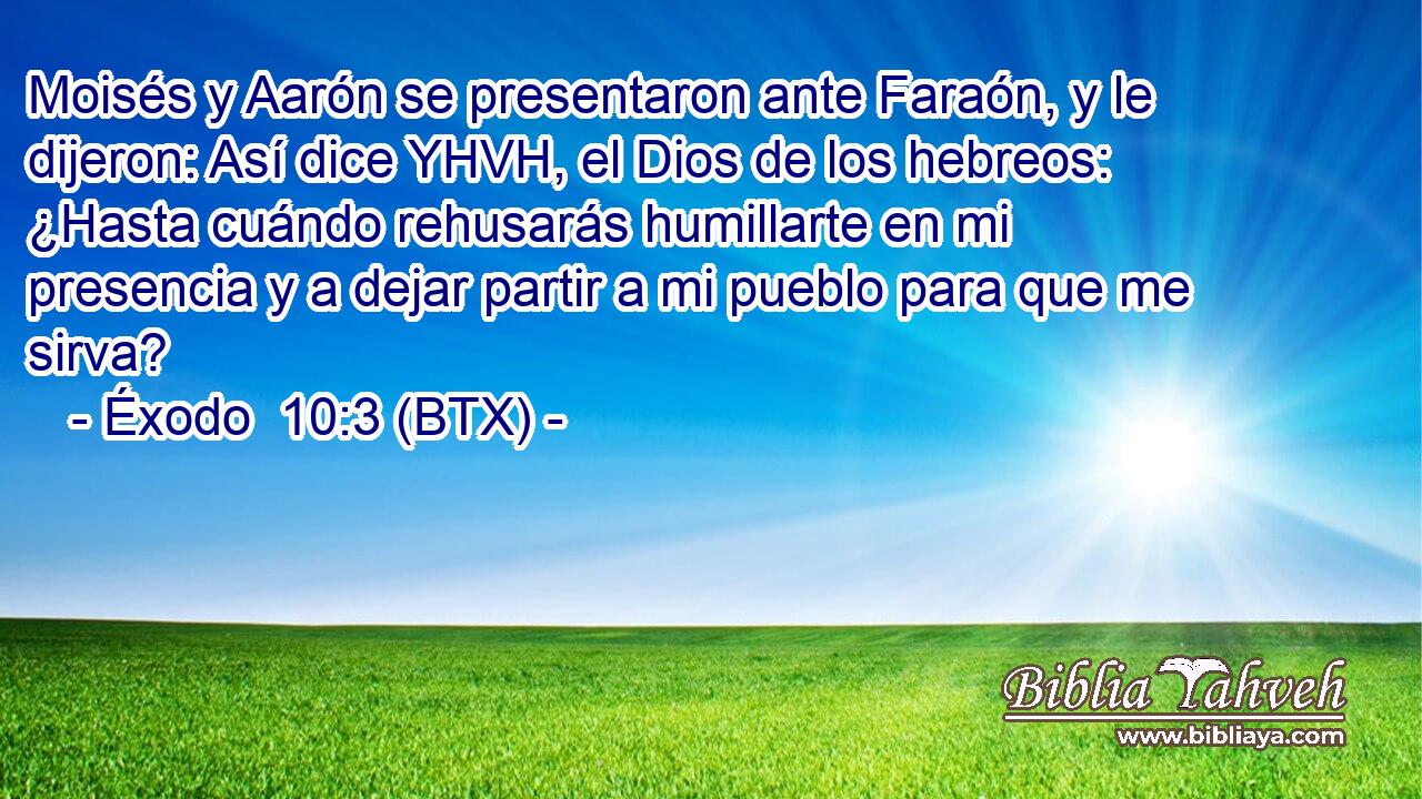 Moisés y Aarón se presentaron ante Faraón, y le dijeron: Así dice YHVH, el Dios de los hebreos: ¿Hasta cuándo rehusarás humillarte en mi presencia y a dejar partir a mi pueblo para que me sirva?