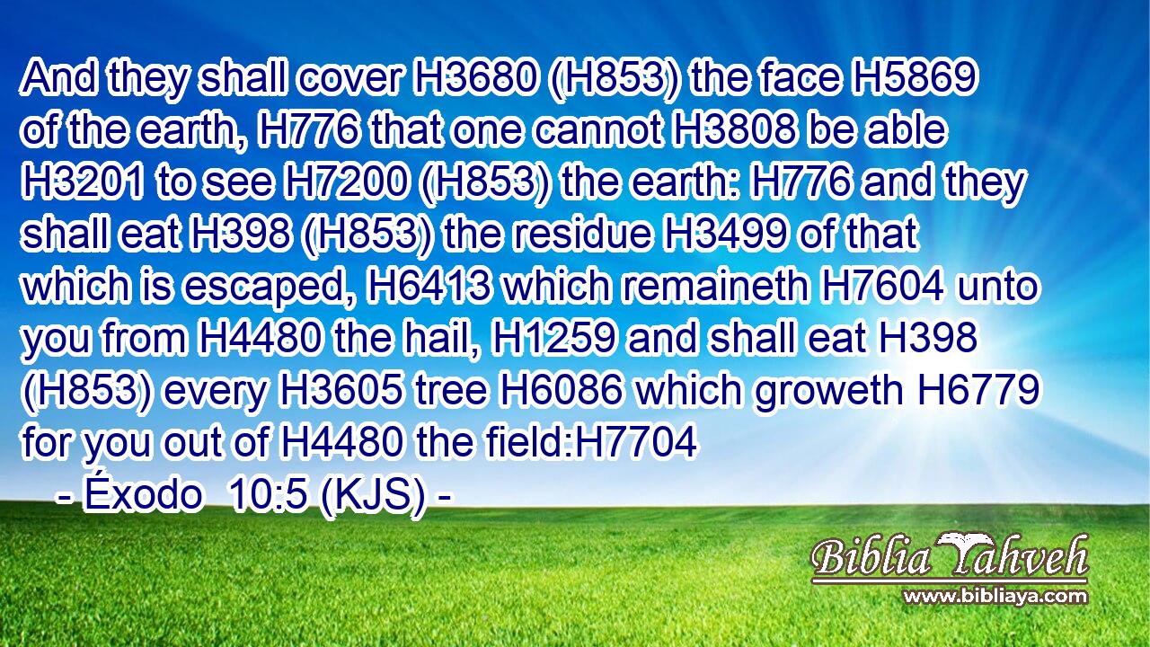 And they shall cover H3680 (H853) the face H5869 of the earth, H776 that one cannot H3808 be able H3201 to see H7200 (H853) the earth: H776 and they shall eat H398 (H853) the residue H3499 of that which is escaped, H6413 which remaineth H7604 unto you from H4480 the hail, H1259 and shall eat H398 (H853) every H3605 tree H6086 which groweth H6779 for you out of H4480 the field:H7704