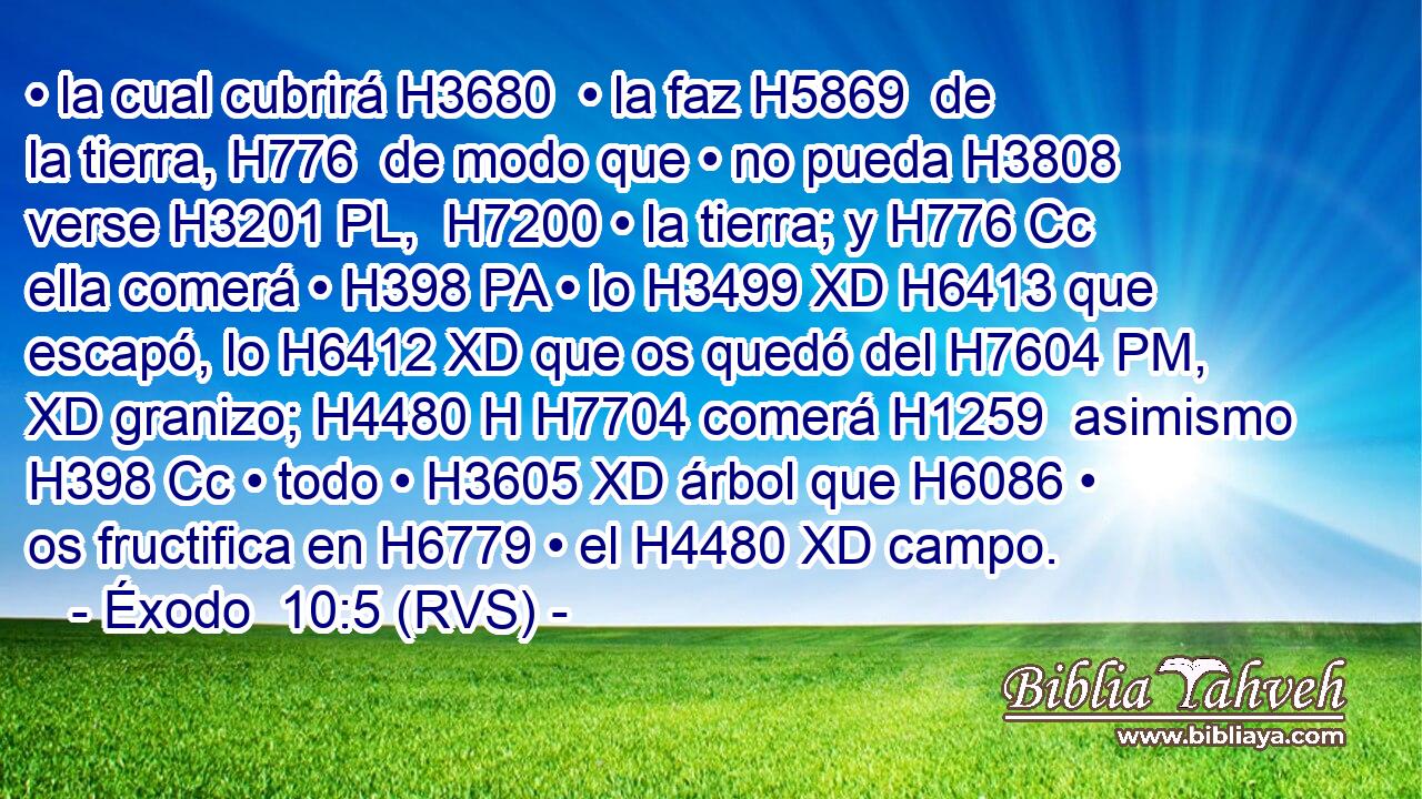 • la cual cubrirá H3680  • la faz H5869  de la tierra, H776  de modo que • no pueda H3808  verse H3201 PL,  H7200 • la tierra; y H776 Cc ella comerá • H398 PA • lo H3499 XD H6413 que escapó, lo H6412 XD que os quedó del H7604 PM, XD granizo; H4480 H H7704 comerá H1259  asimismo H398 Cc • todo • H3605 XD árbol que H6086 • os fructifica en H6779 • el H4480 XD campo. 
