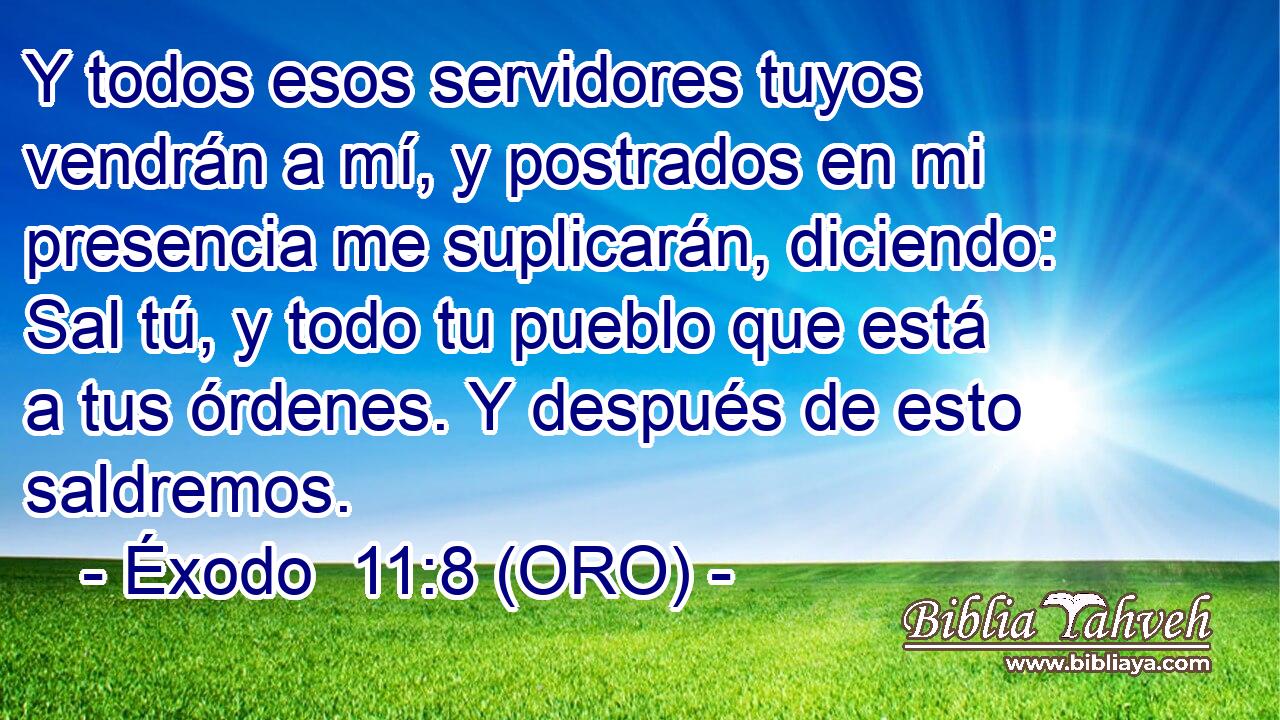  Y todos esos servidores tuyos vendrán a mí, y postrados en mi presencia me suplicarán, diciendo: Sal tú, y todo tu pueblo que está a tus órdenes. Y después de esto saldremos. 