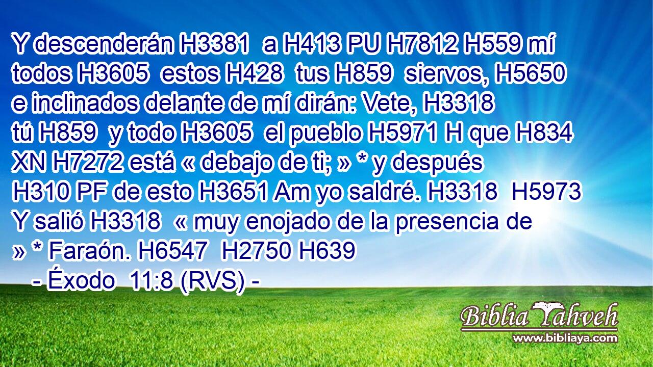 Y descenderán H3381  a H413 PU H7812 H559 mí todos H3605  estos H428  tus H859  siervos, H5650  e inclinados delante de mí dirán: Vete, H3318  tú H859  y todo H3605  el pueblo H5971 H que H834 XN H7272 está « debajo de ti; » * y después H310 PF de esto H3651 Am yo saldré. H3318  H5973 Y salió H3318  « muy enojado de la presencia de » * Faraón. H6547  H2750 H639 