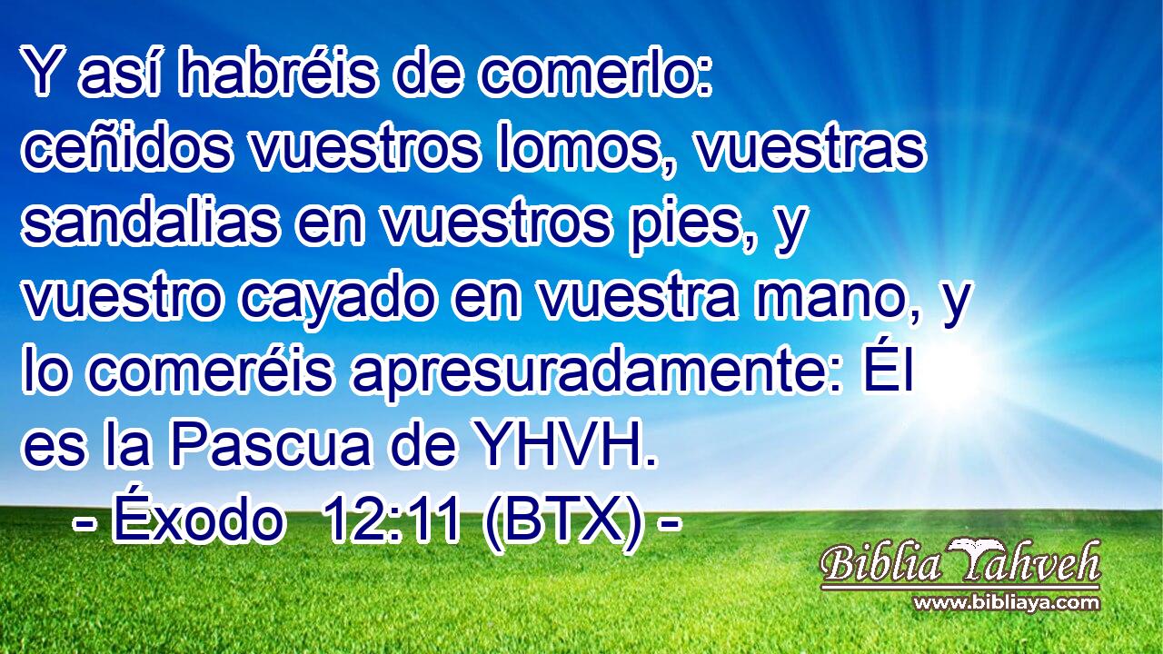 Y así habréis de comerlo: ceñidos vuestros lomos, vuestras sandalias en vuestros pies, y vuestro cayado en vuestra mano, y lo comeréis apresuradamente: Él es la Pascua de YHVH.