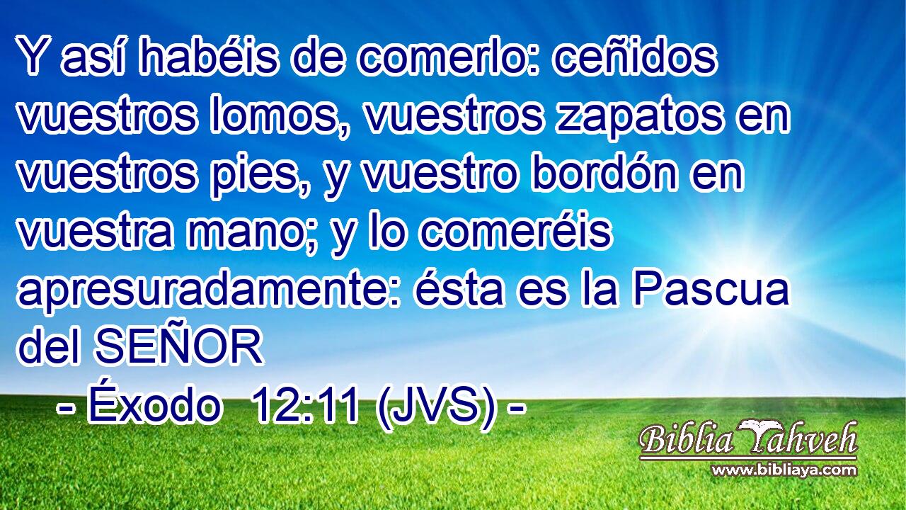 Y así habéis de comerlo: ceñidos vuestros lomos, vuestros zapatos en vuestros pies, y vuestro bordón en vuestra mano; y lo comeréis apresuradamente: ésta es la Pascua del SEÑOR