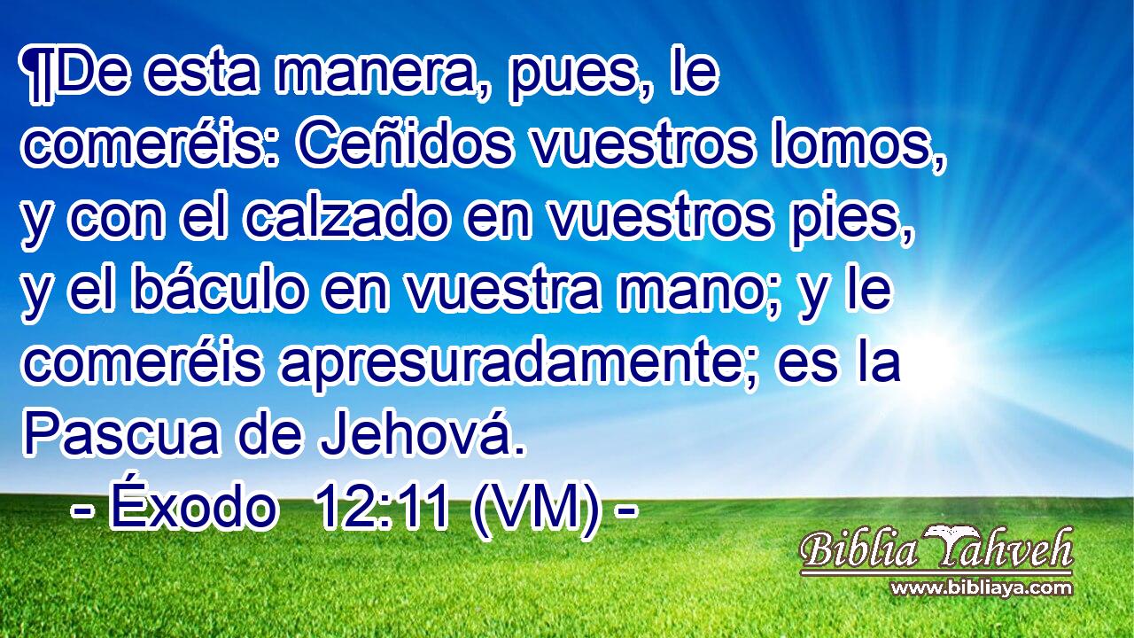  ¶De esta manera, pues, le comeréis: Ceñidos vuestros lomos, y con el calzado en vuestros pies, y el báculo en vuestra mano; y le comeréis apresuradamente; es la Pascua de Jehová. 