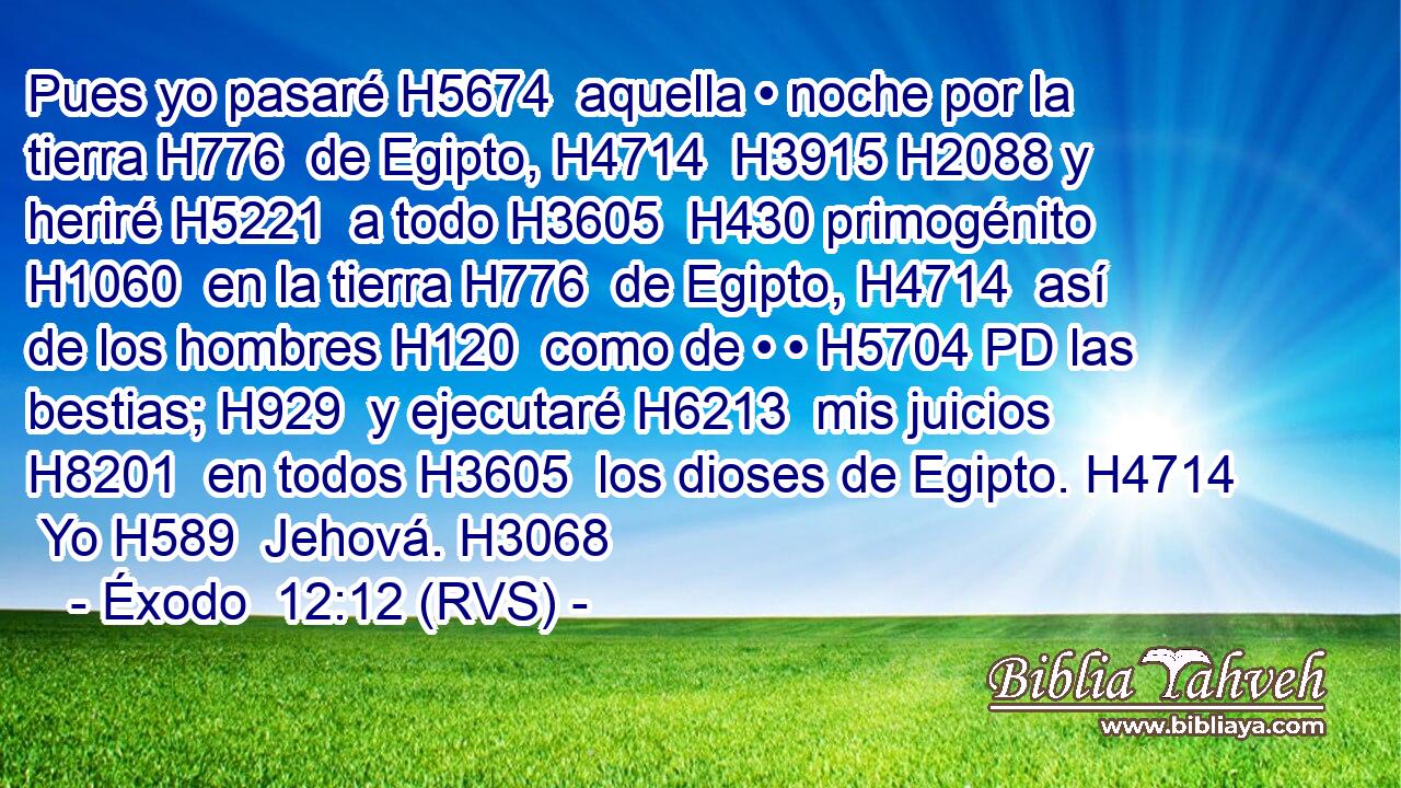 Pues yo pasaré H5674  aquella • noche por la tierra H776  de Egipto, H4714  H3915 H2088 y heriré H5221  a todo H3605  H430 primogénito H1060  en la tierra H776  de Egipto, H4714  así de los hombres H120  como de • • H5704 PD las bestias; H929  y ejecutaré H6213  mis juicios H8201  en todos H3605  los dioses de Egipto. H4714  Yo H589  Jehová. H3068  