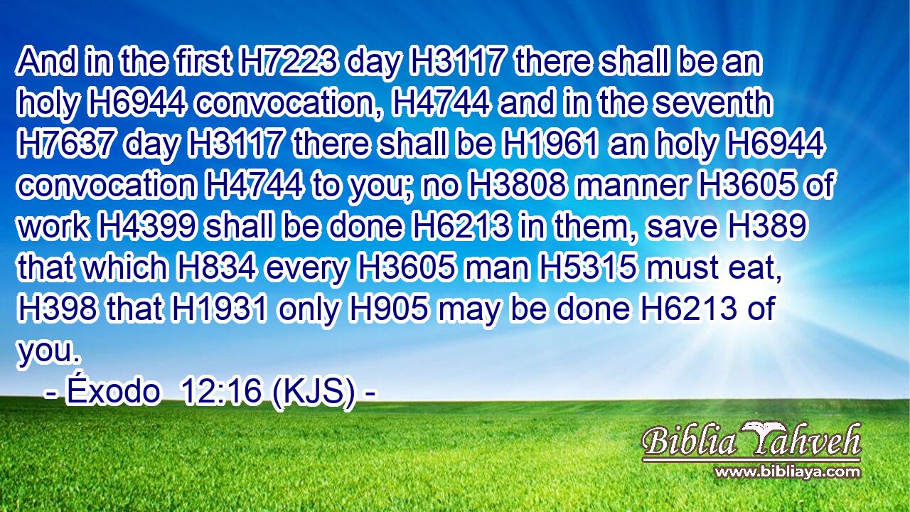 And in the first H7223 day H3117 there shall be an holy H6944 convocation, H4744 and in the seventh H7637 day H3117 there shall be H1961 an holy H6944 convocation H4744 to you; no H3808 manner H3605 of work H4399 shall be done H6213 in them, save H389 that which H834 every H3605 man H5315 must eat, H398 that H1931 only H905 may be done H6213 of you.