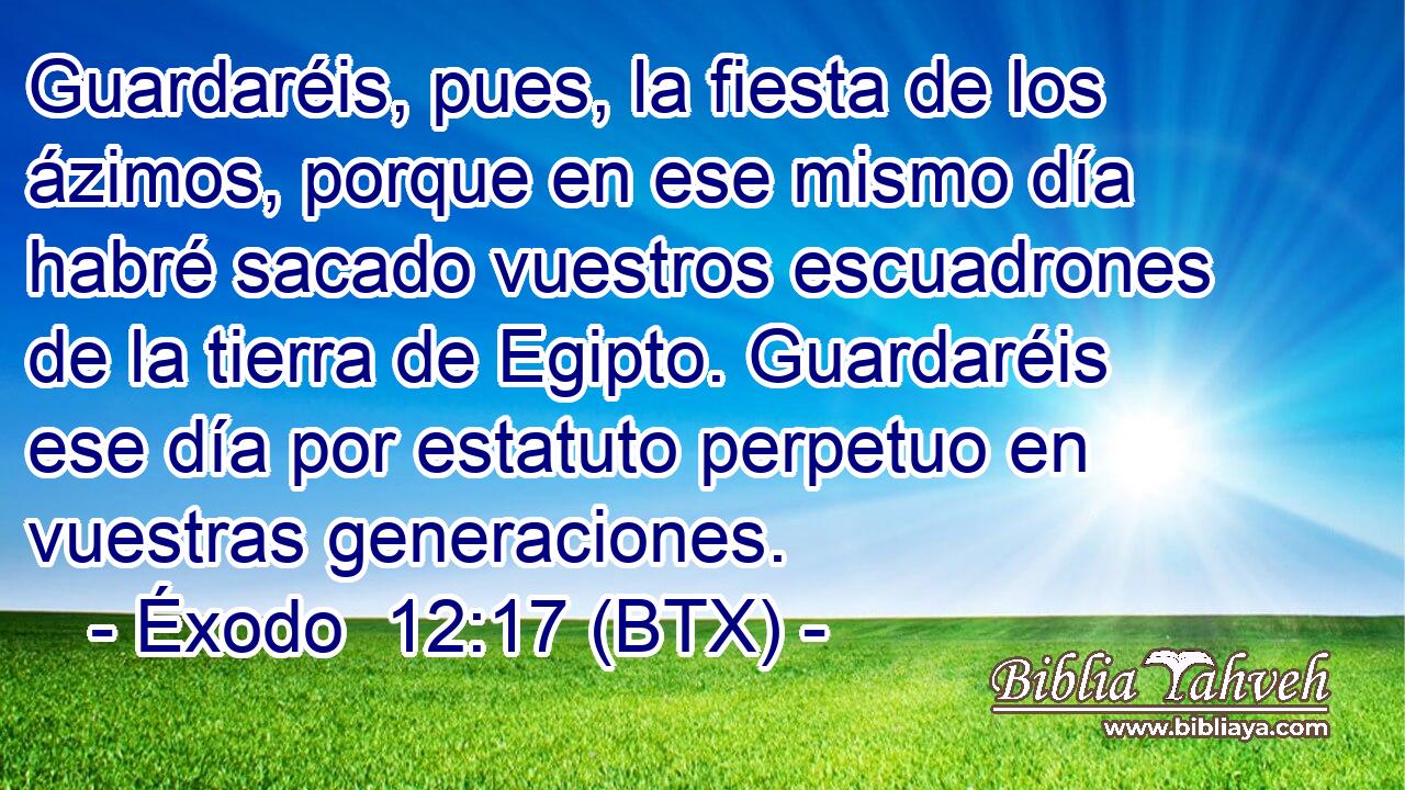 Guardaréis, pues, la fiesta de los ázimos, porque en ese mismo día habré sacado vuestros escuadrones de la tierra de Egipto. Guardaréis ese día por estatuto perpetuo en vuestras generaciones.