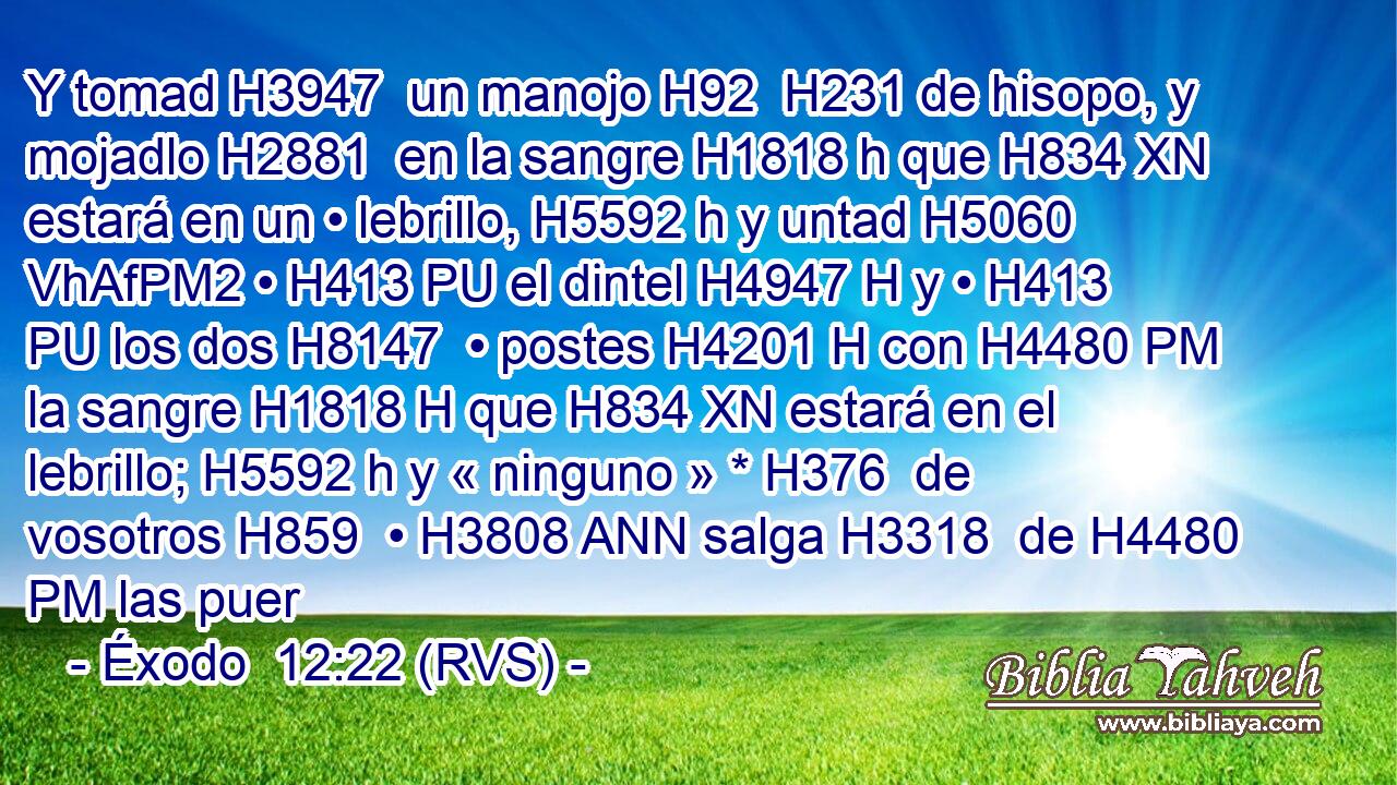 Y tomad H3947  un manojo H92  H231 de hisopo, y mojadlo H2881  en la sangre H1818 h que H834 XN estará en un • lebrillo, H5592 h y untad H5060 VhAfPM2 • H413 PU el dintel H4947 H y • H413 PU los dos H8147  • postes H4201 H con H4480 PM la sangre H1818 H que H834 XN estará en el lebrillo; H5592 h y « ninguno » * H376  de vosotros H859  • H3808 ANN salga H3318  de H4480 PM las puer