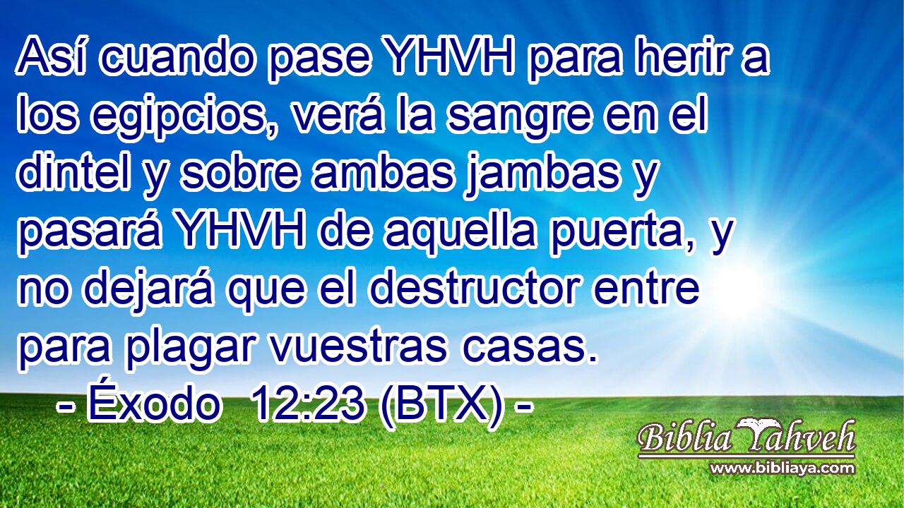 Así cuando pase YHVH para herir a los egipcios, verá la sangre en el dintel y sobre ambas jambas y pasará YHVH de aquella puerta, y no dejará que el destructor entre para plagar vuestras casas.