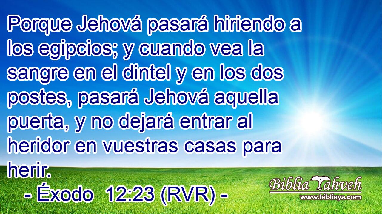 Porque Jehová pasará hiriendo a los egipcios; y cuando vea la sangre en el dintel y en los dos postes, pasará Jehová aquella puerta, y no dejará entrar al heridor en vuestras casas para herir.
