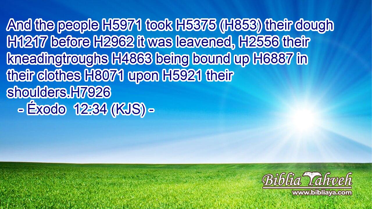 And the people H5971 took H5375 (H853) their dough H1217 before H2962 it was leavened, H2556 their kneadingtroughs H4863 being bound up H6887 in their clothes H8071 upon H5921 their shoulders.H7926