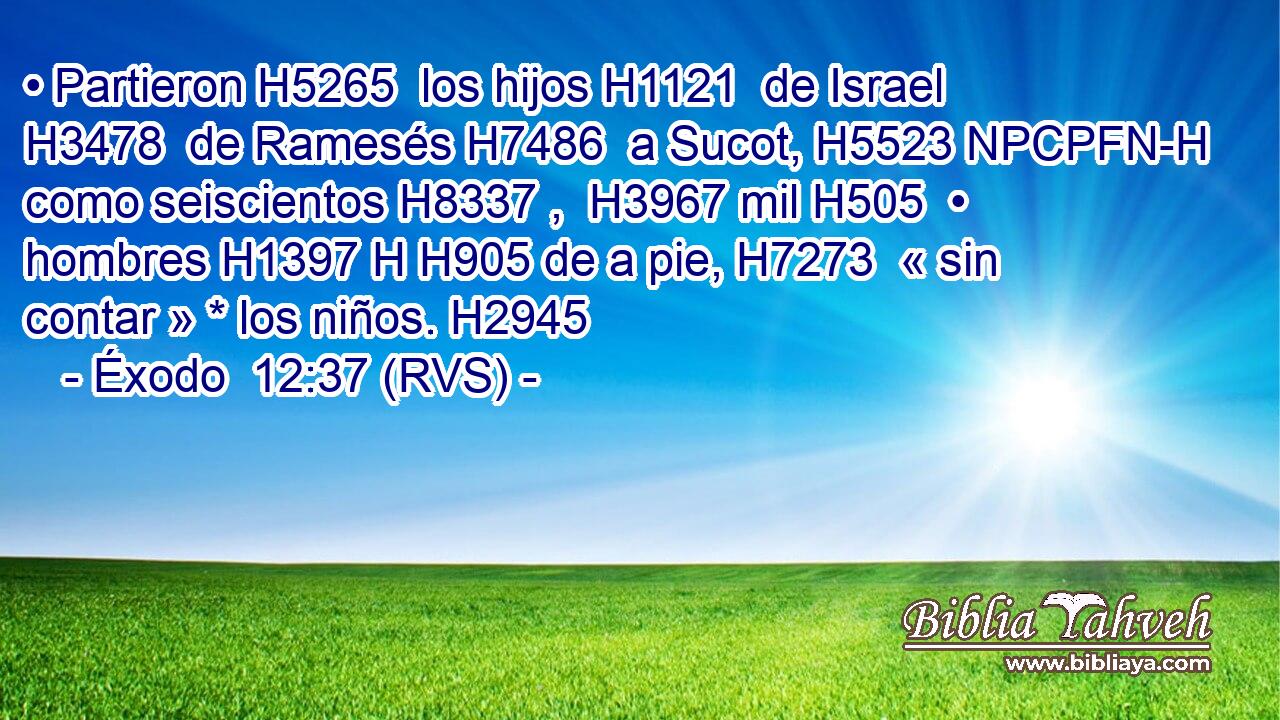 • Partieron H5265  los hijos H1121  de Israel H3478  de Ramesés H7486  a Sucot, H5523 NPCPFN-H como seiscientos H8337 ,  H3967 mil H505  • hombres H1397 H H905 de a pie, H7273  « sin contar » * los niños. H2945  
